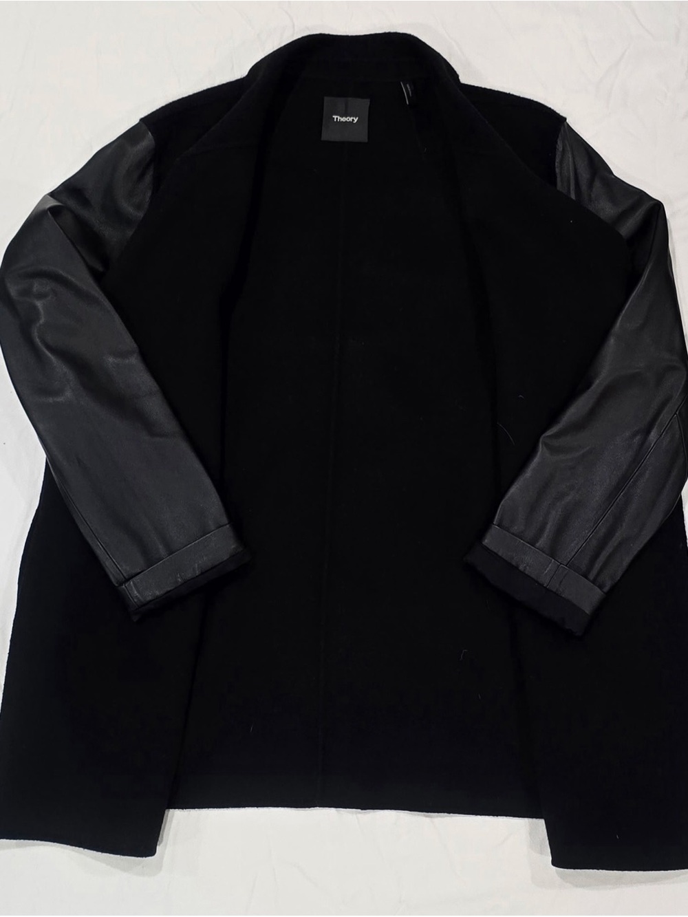 Theory Women’s Black Wool Coat with Leather Sleeves